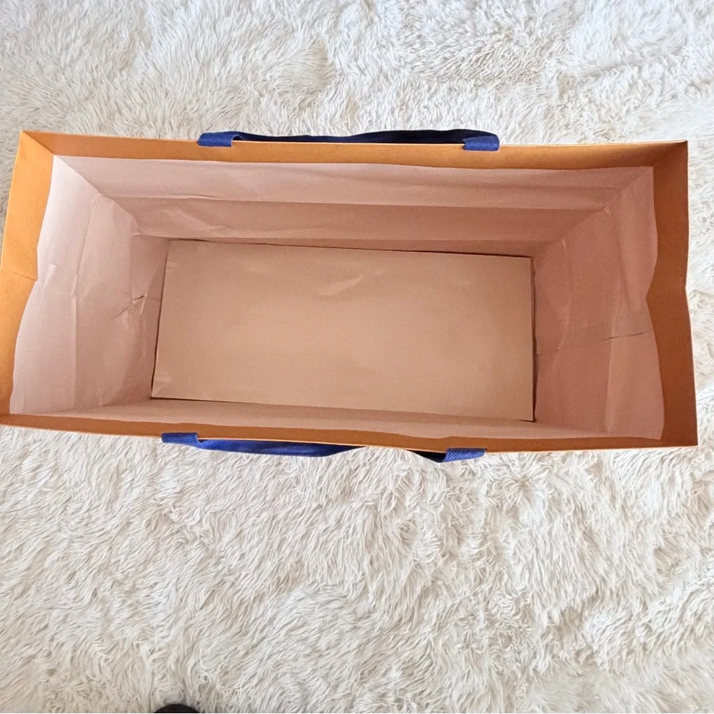 Louis Vuitton XL HTF Orange Brown Paper Gift Shopping Box Bag Blue Handle